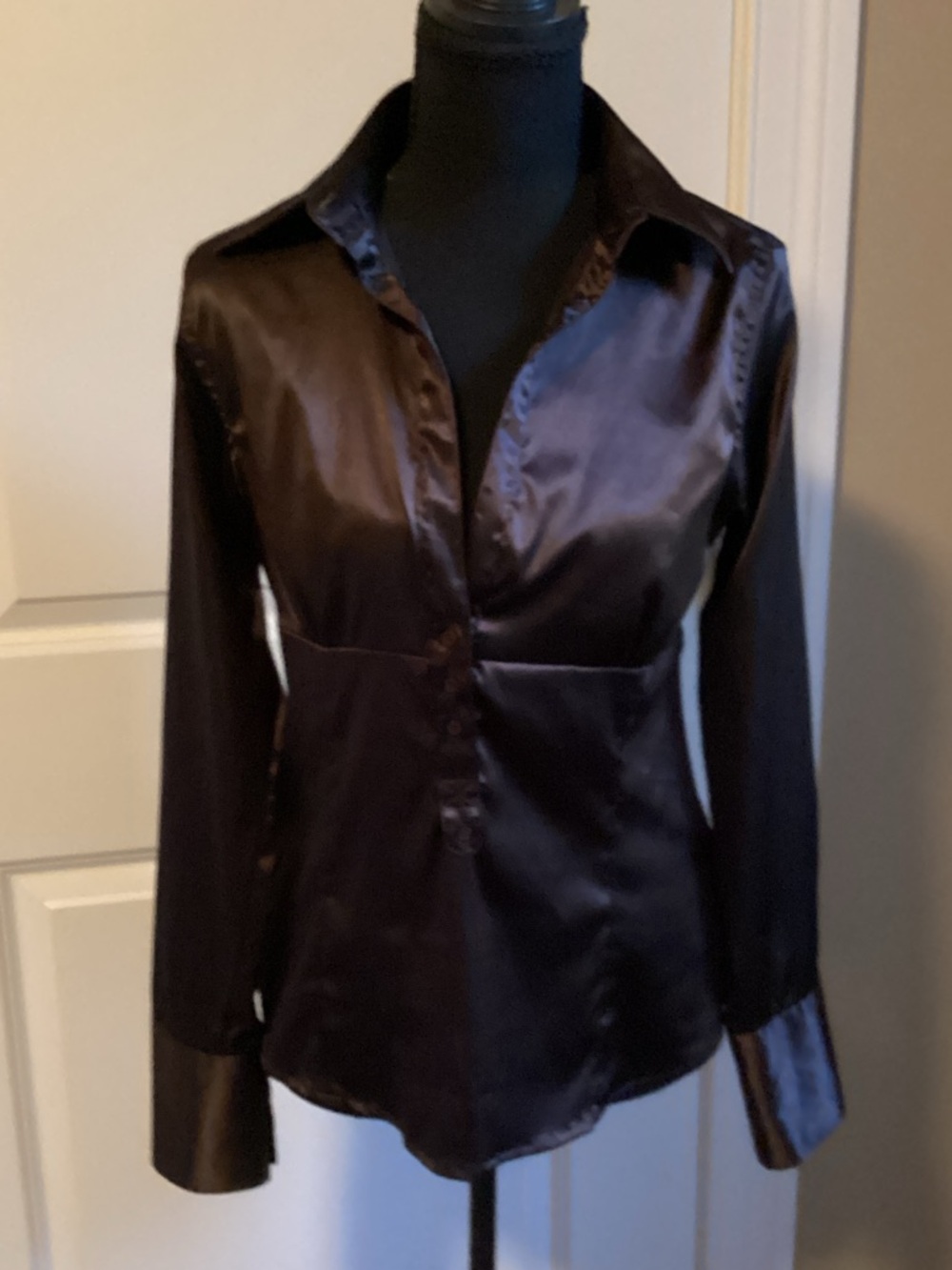 Zara Chocolate Satin Button-Front Blouse Size Large